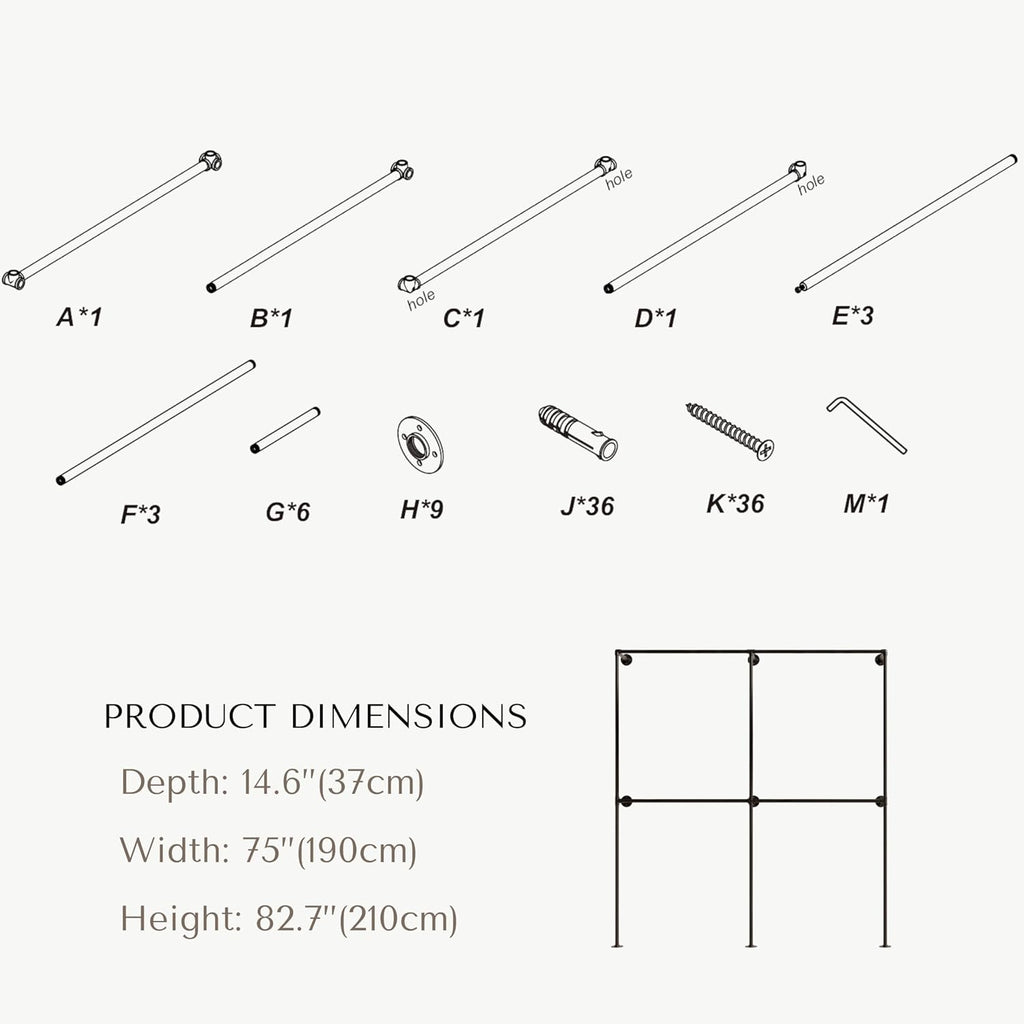 Industrial Pipe Clothing Rack, Heavy Duty Wall Mounted Clothes Rack, Retail Display Hanging Garment Rod for Laundry Rooms, Closet Storage, 14.6x75x82.7 Inches, Model K03