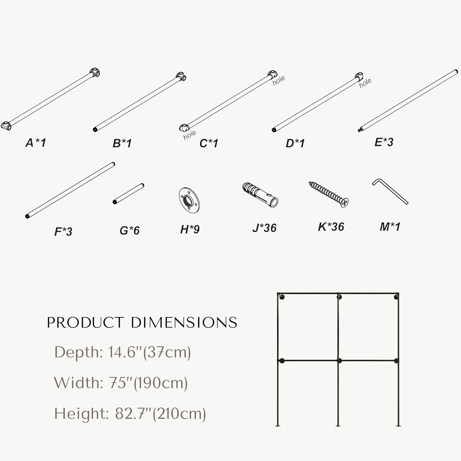 Industrial Pipe Clothing Rack, Heavy Duty Wall Mounted Clothes Rack, Retail Display Hanging Garment Rod for Laundry Rooms, Closet Storage, 14.6x75x82.7 Inches, Model K03
