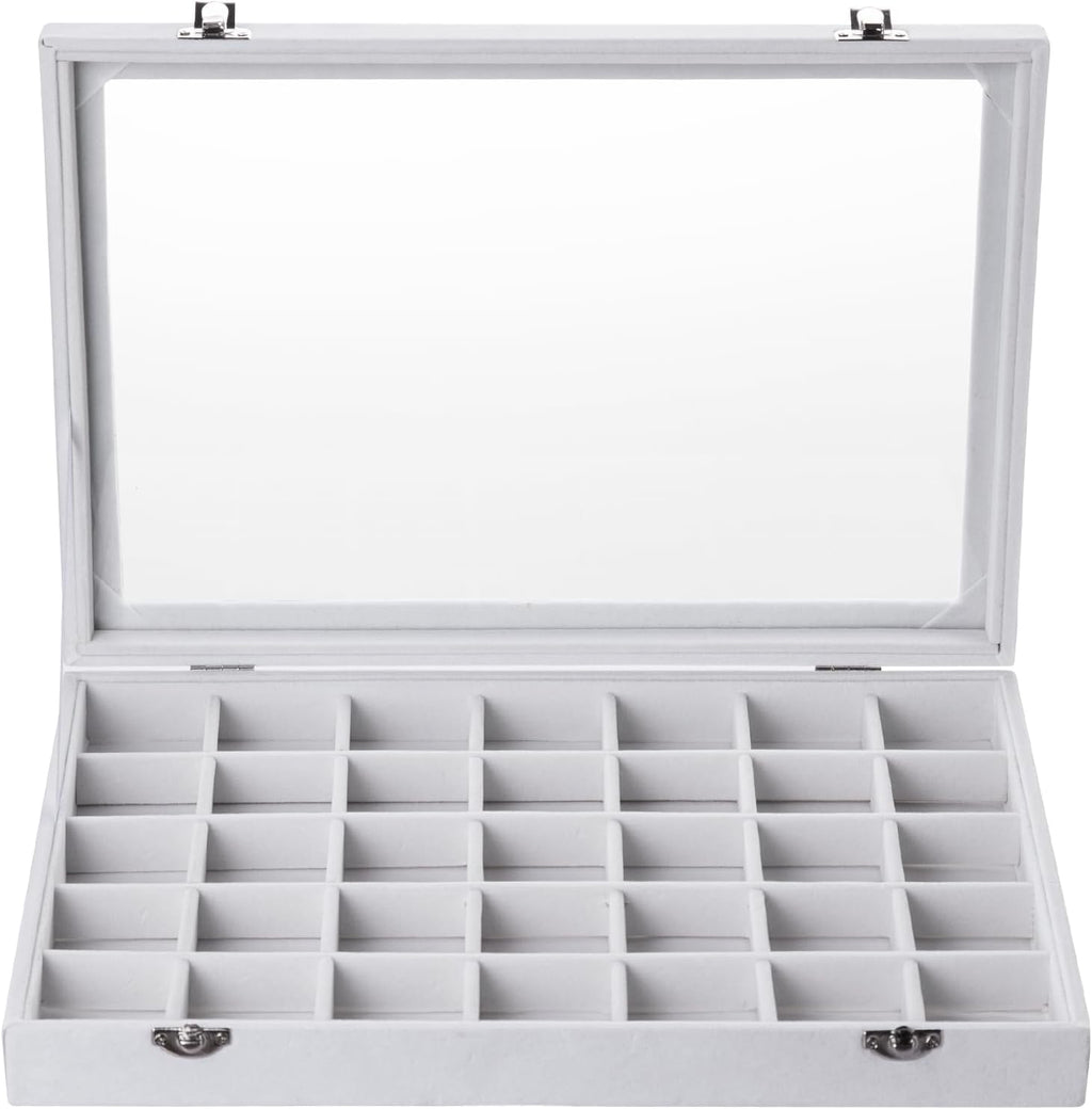 Frebeauty Velvet Jewelry Tray,35 Grid Jewelry Organizer with Clear Lid,Earring Holder Organizer Case with Clasp,Drawer Insert for Rings Studs,13.8 x 9.5 x 2 Inches,Gift for Women Girls(White)