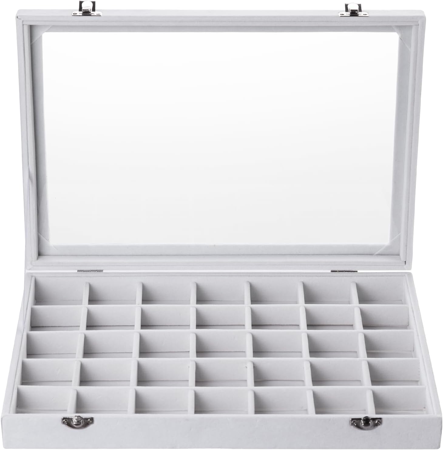 Frebeauty Velvet Jewelry Tray,35 Grid Jewelry Organizer with Clear Lid,Earring Holder Organizer Case with Clasp,Drawer Insert for Rings Studs,13.8 x 9.5 x 2 Inches,Gift for Women Girls(White)