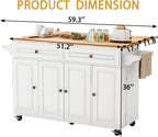 JassmiPkwy 59’’ Rolling Kitchen Island Cart with Drop Leaf and Power Outlet, Movable Kitchen Islands with 3-Tier Door Storage Shelf, Island Table on Wheels, 2 Large Drawers, Towel Racks, White