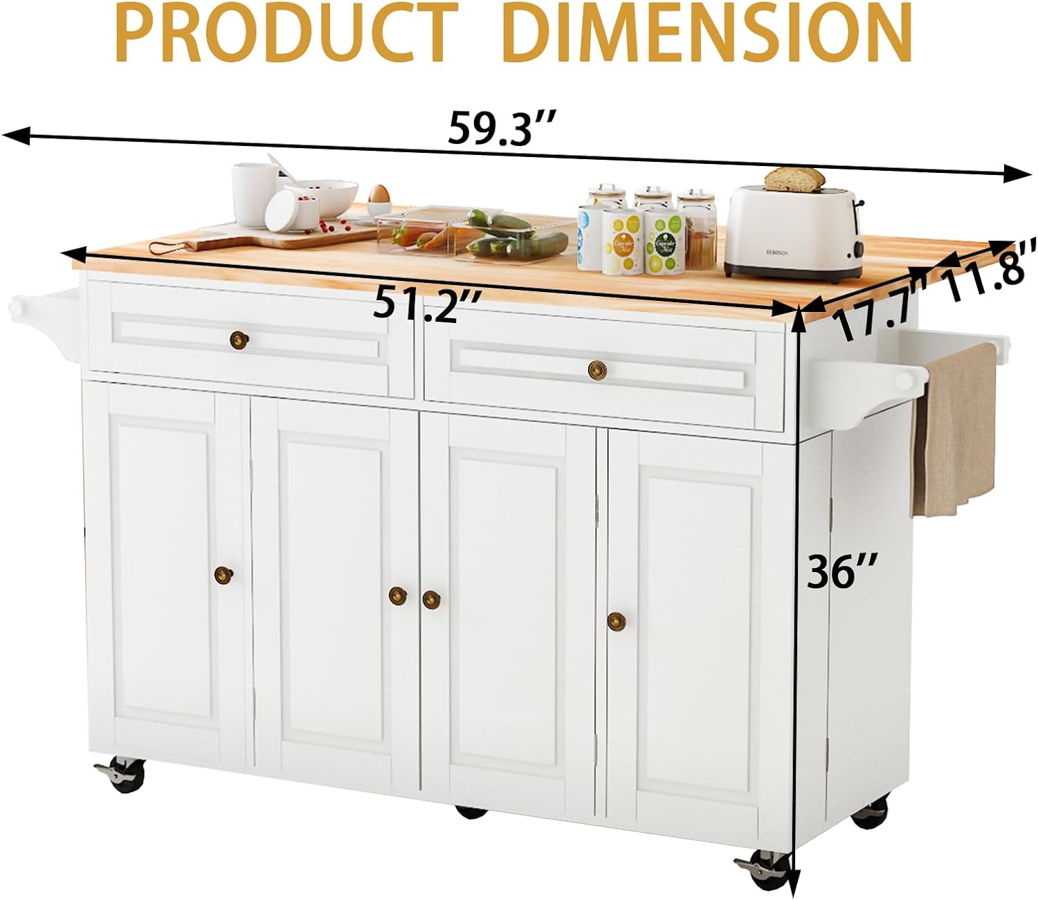 JassmiPkwy 59’’ Rolling Kitchen Island Cart with Drop Leaf and Power Outlet, Movable Kitchen Islands with 3-Tier Door Storage Shelf, Island Table on Wheels, 2 Large Drawers, Towel Racks, White
