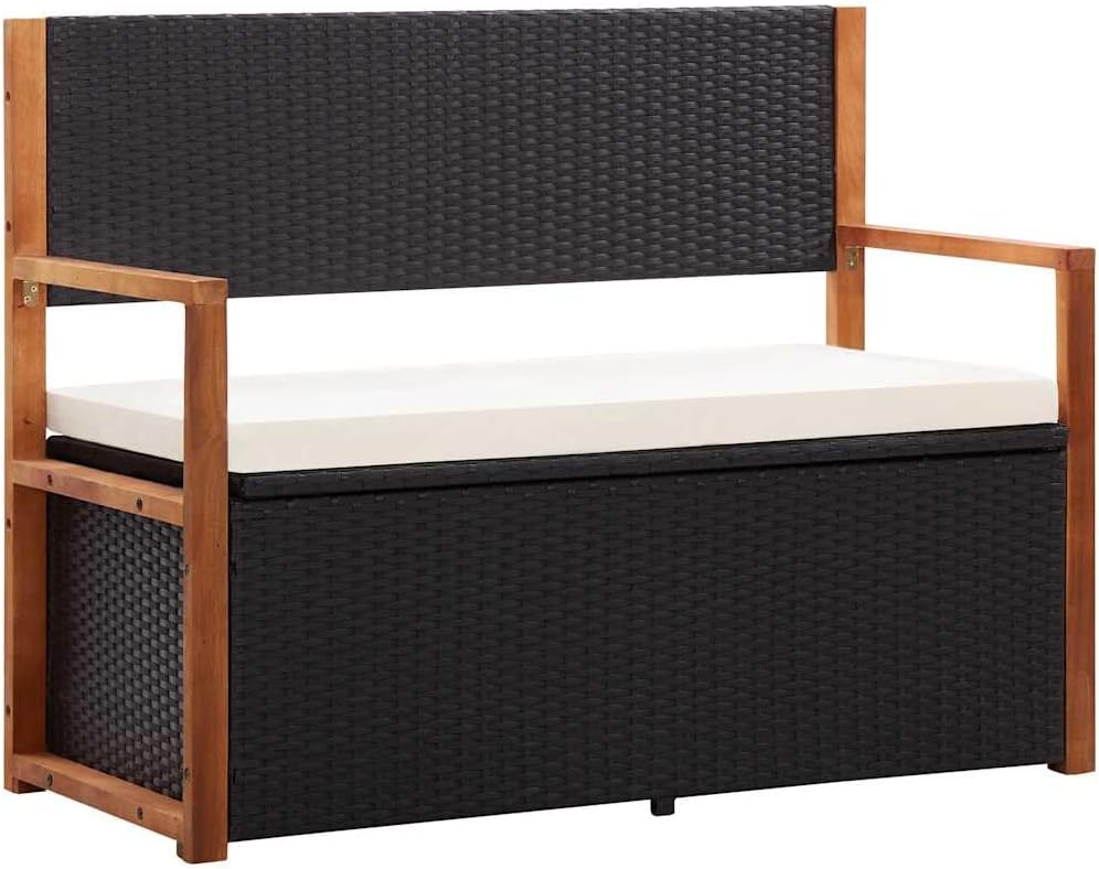 Poly Rattan Patio Storage Bench 45.3 Inch with Solid Acacia Wood Armrests, Re...