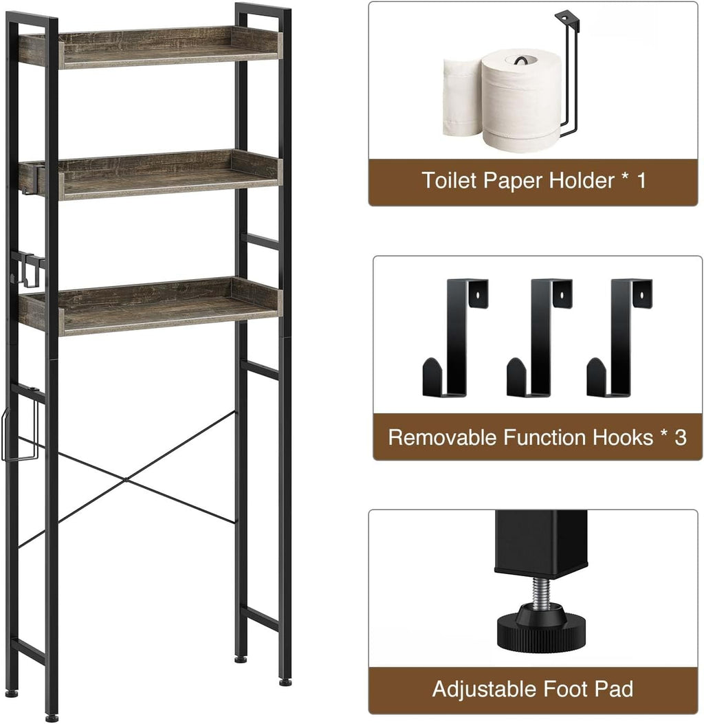 Rolanstar Over The Toilet Storage Rack, 3-Tier Bathroom Space Saver with Adjustable Shelves, Bathroom Organizer for Bathroom, Washroom, Gray