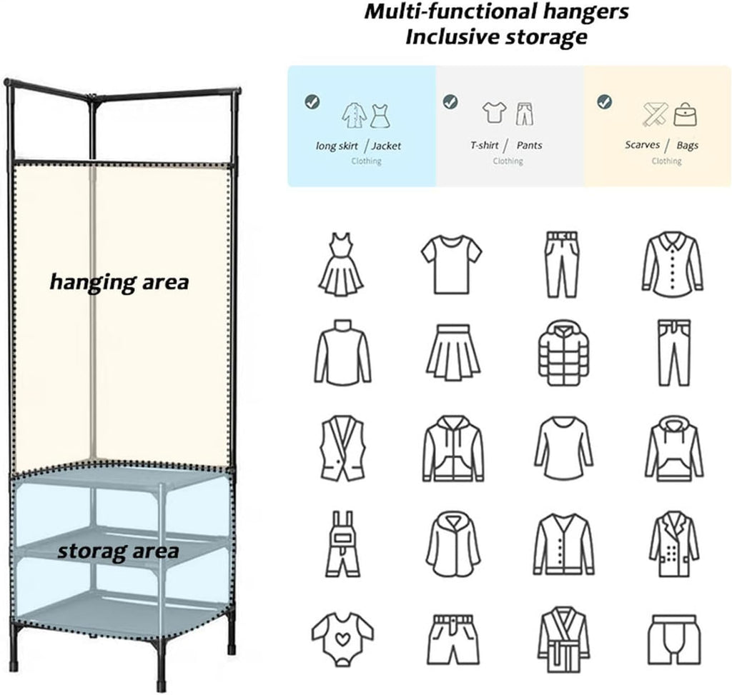 Metal Corner Coat Rack,Corner Hall Tree with 3 Storage Shelves,freestanding Clothes Rack Organizer with Hooks and Thick Clothes Rod, for Entryway Bedroom Living Room Home Office