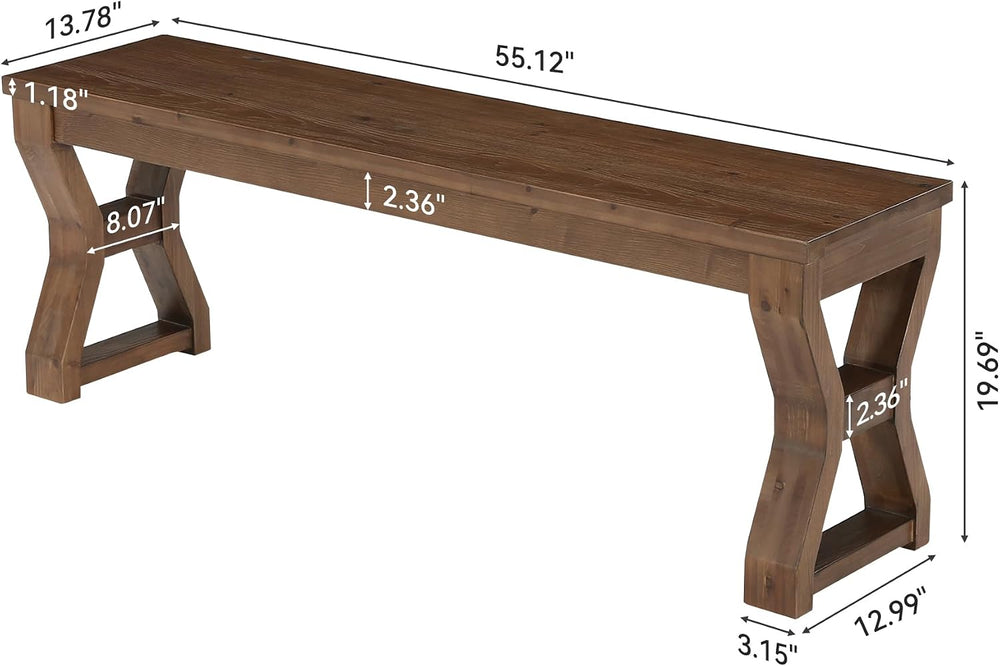 Set of 2 Solid Wood Dining Bench with Sturdy X-Cross Legs | 55" Farmhous...