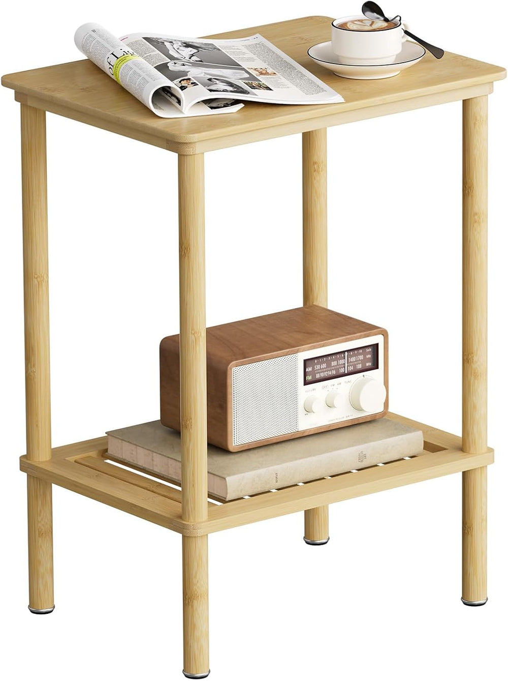 2 Tier Bamboo Narrow End Table, No Tool Assembly Bedroom Bedside Table, Small...