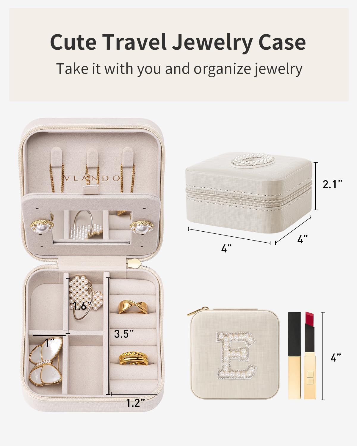 VLANDO Wedding Gifts for Women, Jewelry Box, Bridal Shower Gifts, Bridesmaid Gifts for Wedding Day Bride Gifts, Personalized Jewelry Case - Letter E, White
