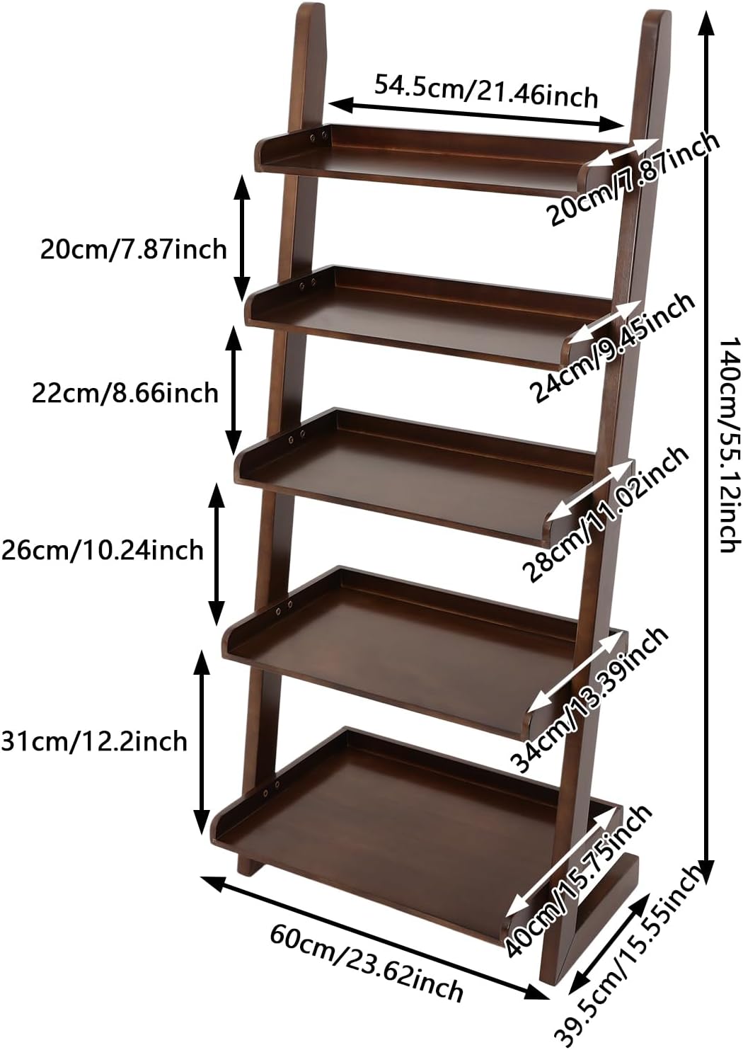 5-Tier Ladder Shelf, Minimalism Wood Ladder Bookshelf L-Shaped Leaning Storage Bookshelf Freestanding Open Bookcase for Living Room Bedroom Offices (Walnut Brown)