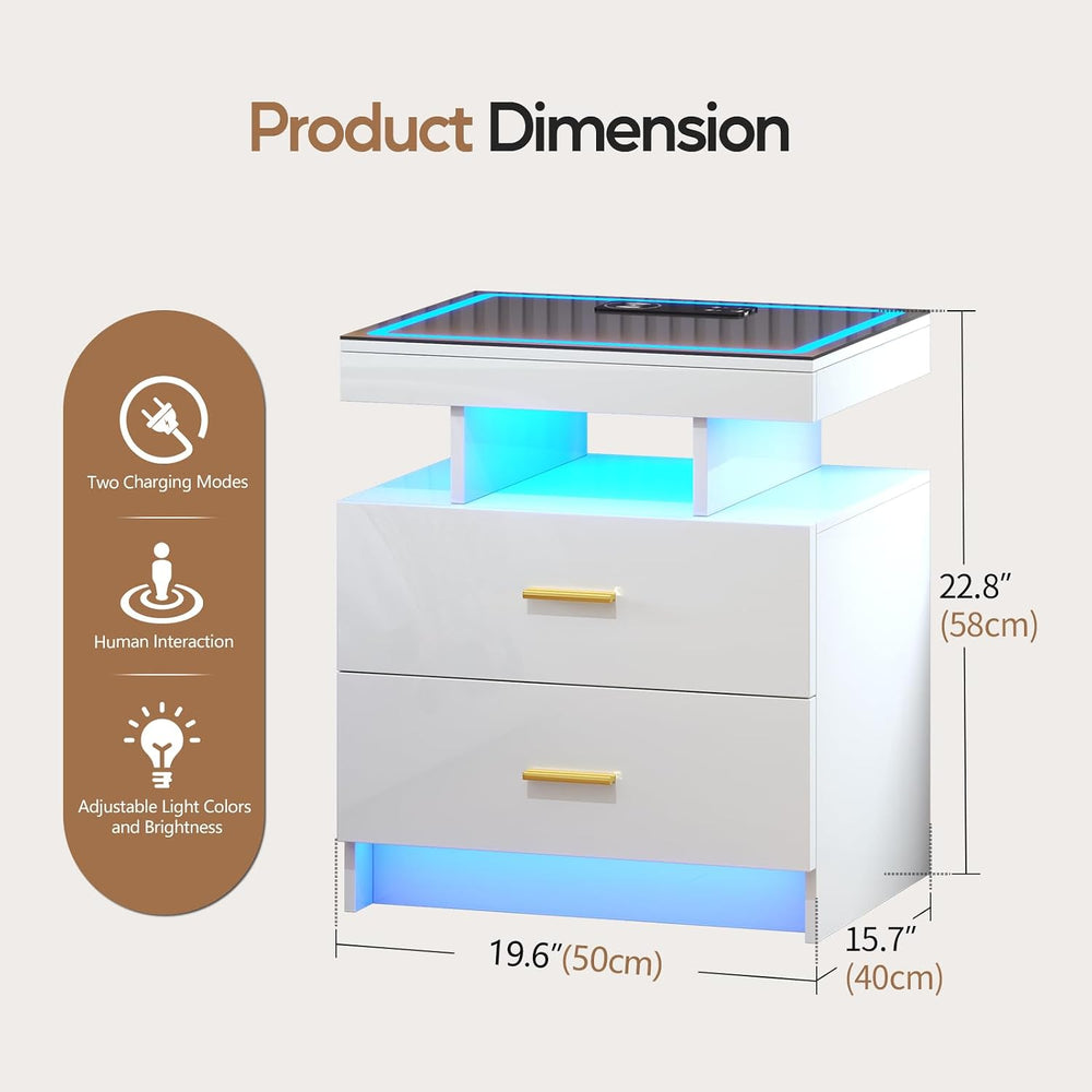 LED Nightstand Set 2 with Charging Station,Motion Senor,White | Night Stand w...