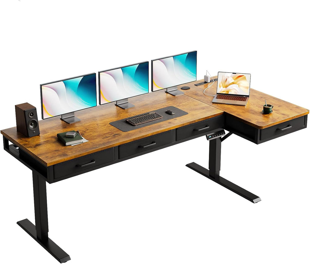 OffiGo 63 Inch L Shaped Electric Standing Desk with 4 Drawers, Rustic Brown |...