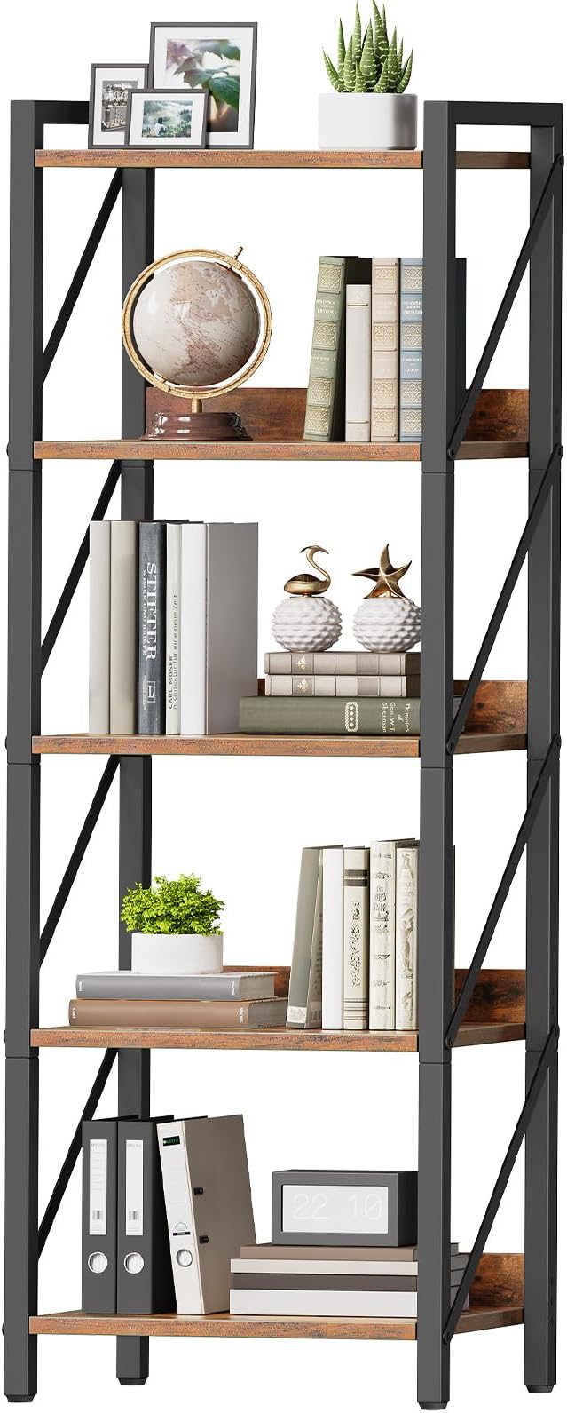 HOOBRO Bookshelf, 5-Tier Industrial Bookcase, Book Shelf Storage Organizer, T...