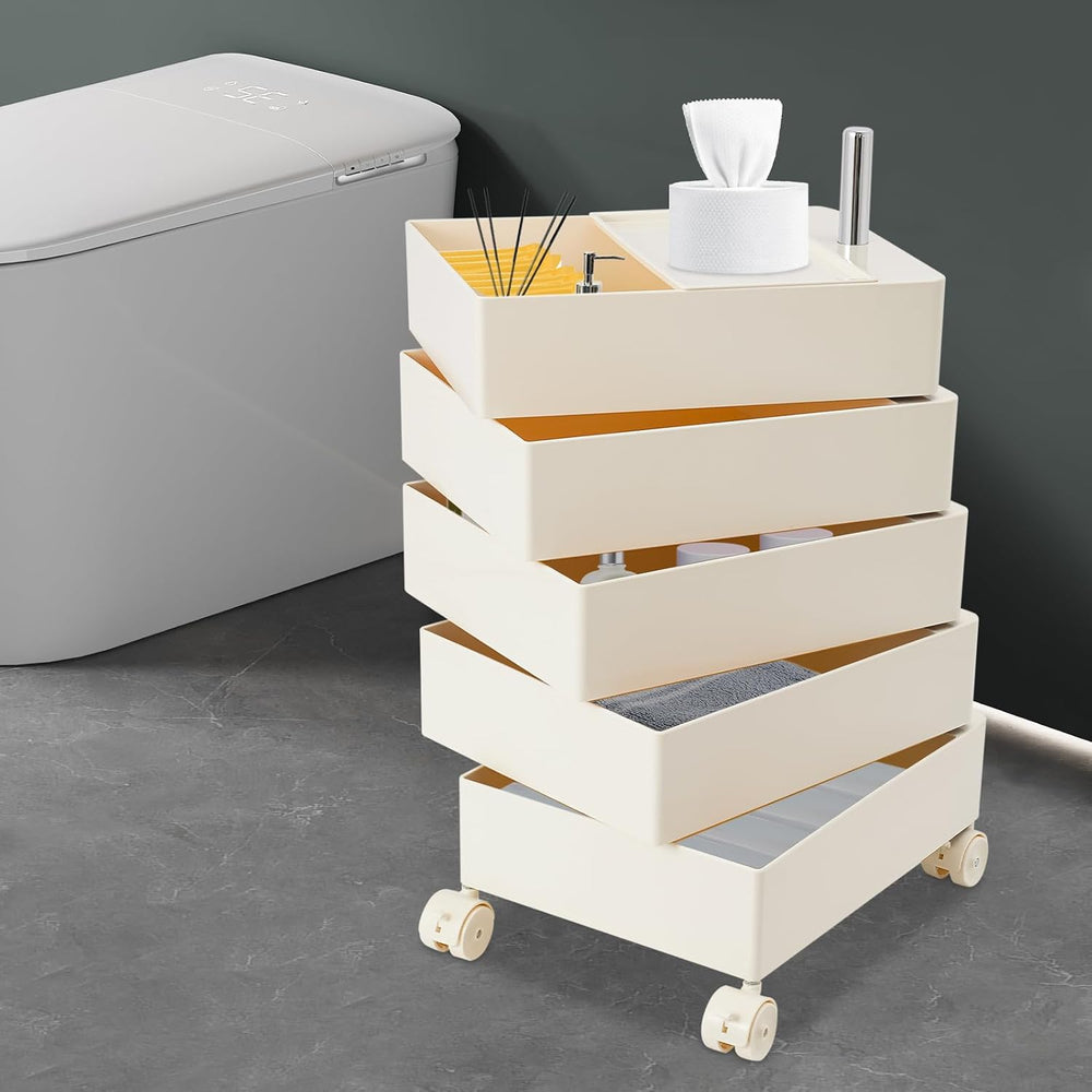 360° Rotating Side Table with 5 Drawers, Movable Storage End Table Sofa Side ...