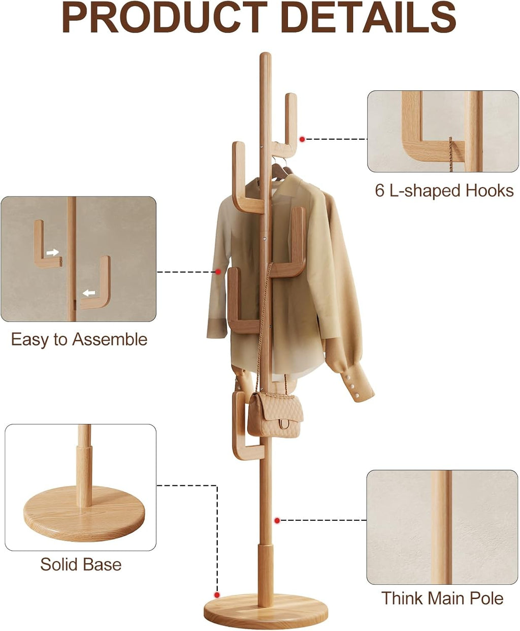 Muwuele Solid Wood Cactus Coat Rack, Freestanding Coat Rack With 6 L-Shaped Hooks and 3 Adjustable Sizes, Coat Tree for Bedroom, Entryway, Livingroom, Coat Hanger Stand for Coats, Handbags (Natural)