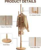 Muwuele Solid Wood Cactus Coat Rack, Freestanding Coat Rack With 6 L-Shaped Hooks and 3 Adjustable Sizes, Coat Tree for Bedroom, Entryway, Livingroom, Coat Hanger Stand for Coats, Handbags (Natural)