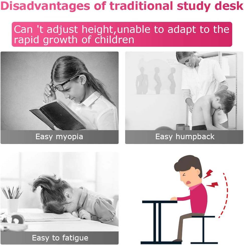 FDW Kids Desk Children Writing Student Desk Drafting Table Height Adjustable Study Table and Chair with Drawers Storage，Pink
