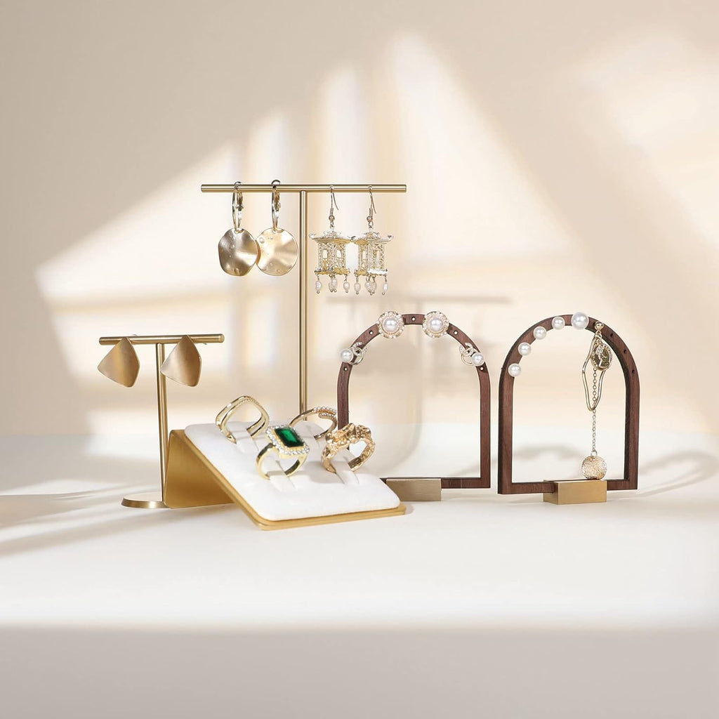 GemeShou 3pcs Wooden stud earring organizer holder, walnut earring hangers with brass base, Small Cute earring display for selling with 9 holes for each【Arch frame-3pcs】