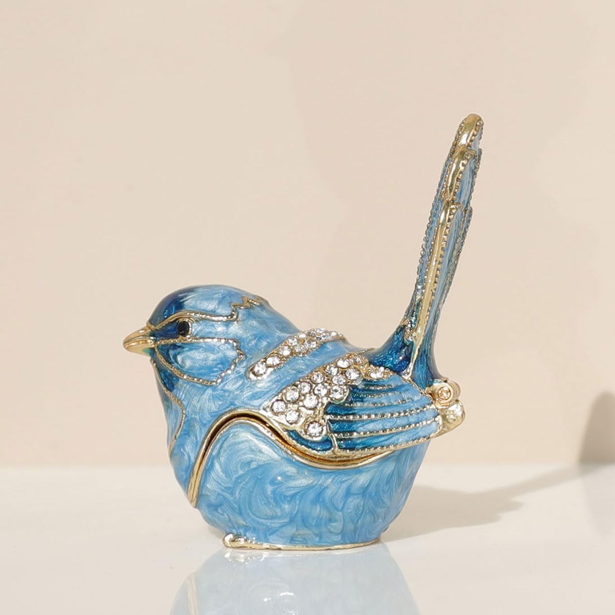Exquisite Hand - Painted Enamel Blue Bird Trinket Box Hinged Rhinestone - Adorned Mini Jewelry Organizer for Rings & Necklaces, Ideal Classical Home Decor & Collectible Keepsake (Trinket Box-B)
