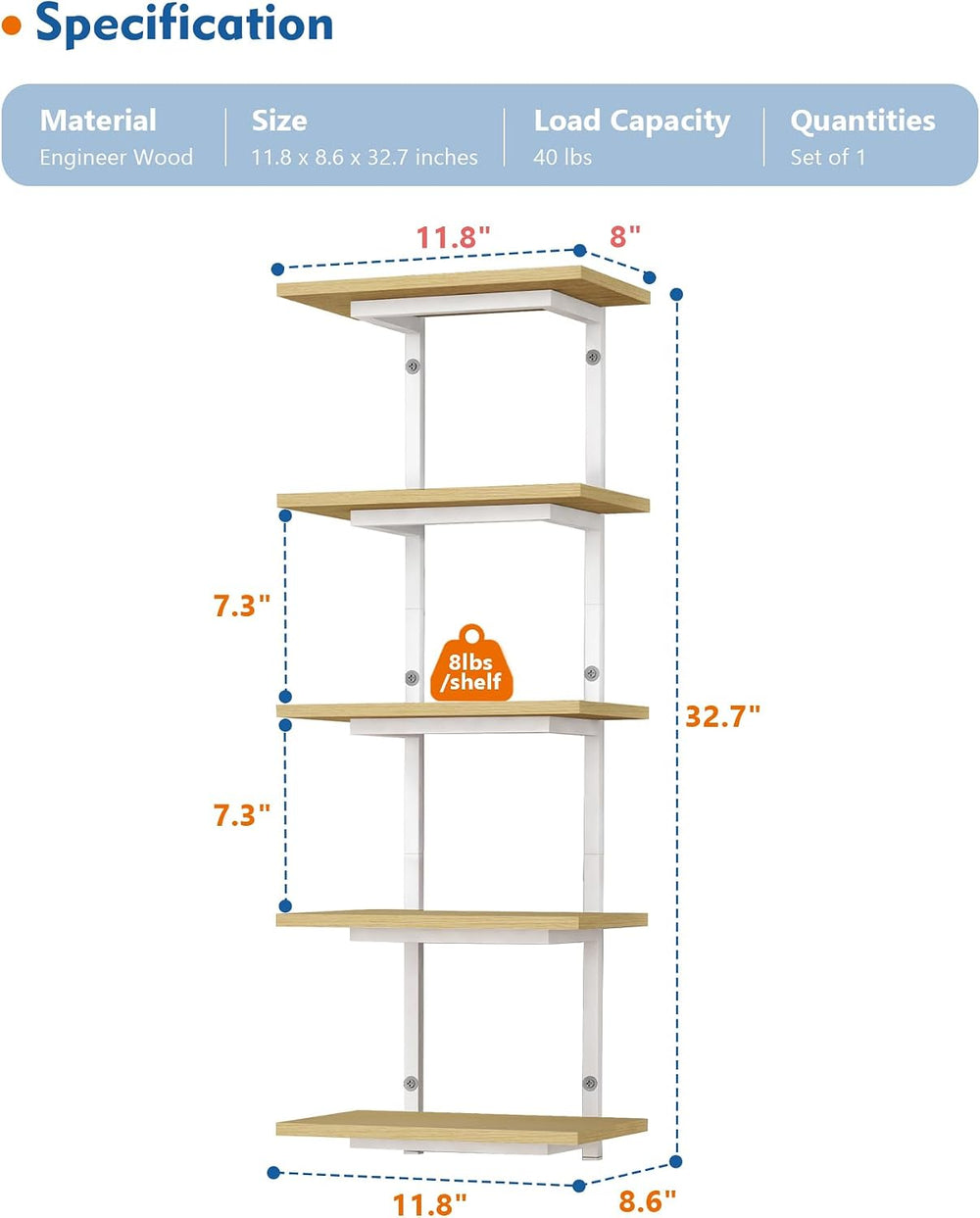 Harwaya White and Natural Tiered Wall Shelf Unit, 5 Tier Display Floating She...