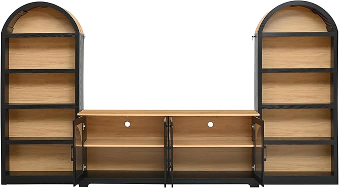 3-Piece Retro TV Stand Set with Bookshelf, Entertainment Center with Arched Design for TVs up to 70'', Farmhouse Media Console with Tempered Glass Doors for Living Room, Black