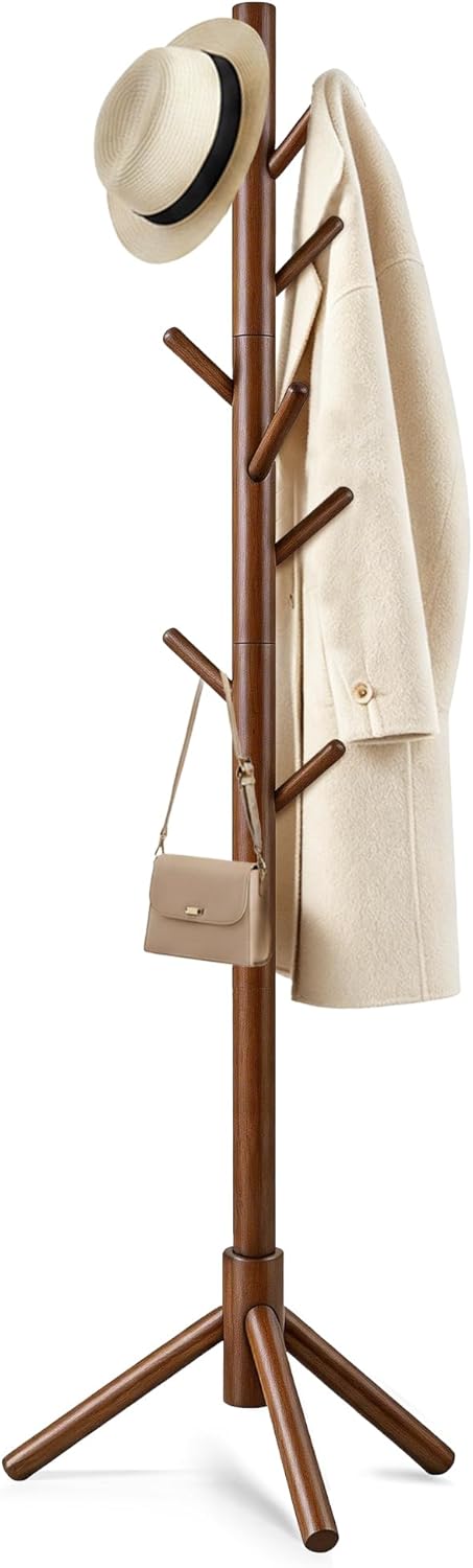 Wooden Coat Rack Freestanding with 8 Hooks & 3 Adjustable Sizes for Clothes, Space-Saving Design for Bedroom Office Entrance Holds Hats Coats Scarves Bags