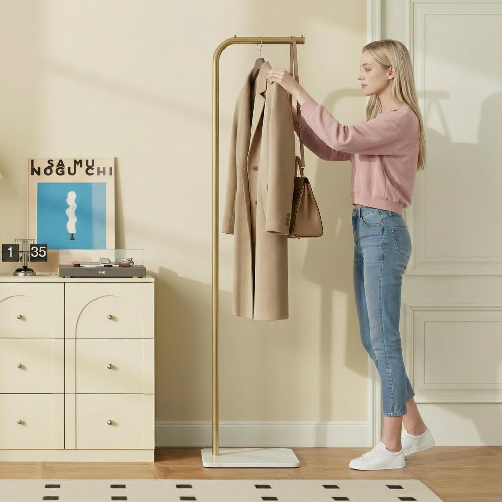 Coat Rack, L-Shaped Freestanding Metal Clothes Stand with Sintered Stone Base, Stable & Sturdy Storage for Coats, Hats, Bags, and Scarves, Ideal for Entryway, Office, and Bedroom, 15.7" x 9.8" x 67"