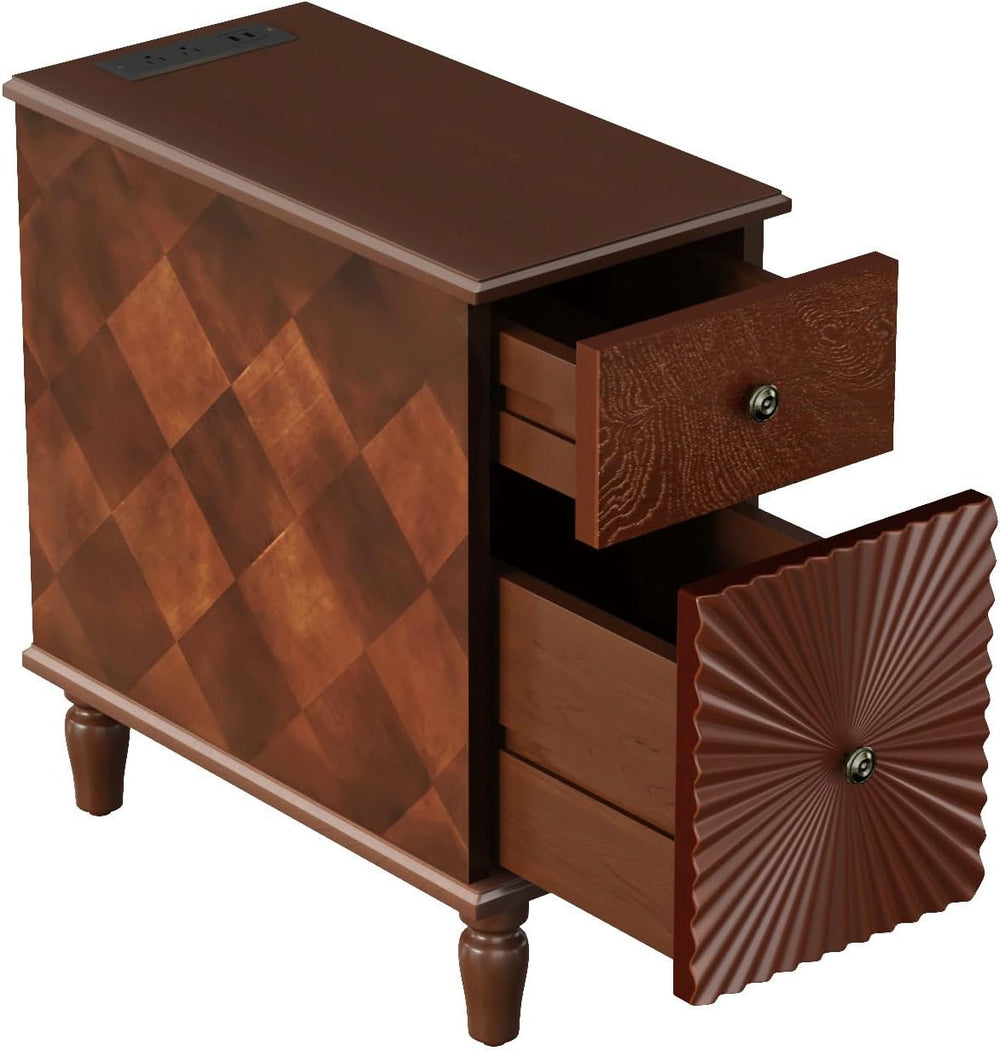 Narrow End Table with Charging Station, Slim Side Table with Drawers for Smal...