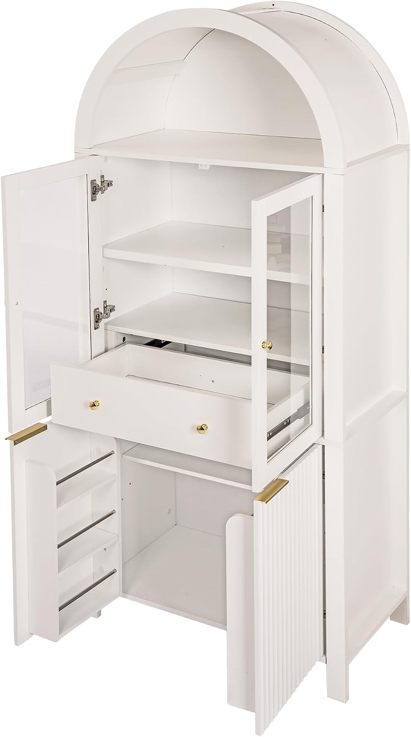Fluted Tall Arched Pantry Cabinet with Adjustable Shelves & Hidden Drawer...