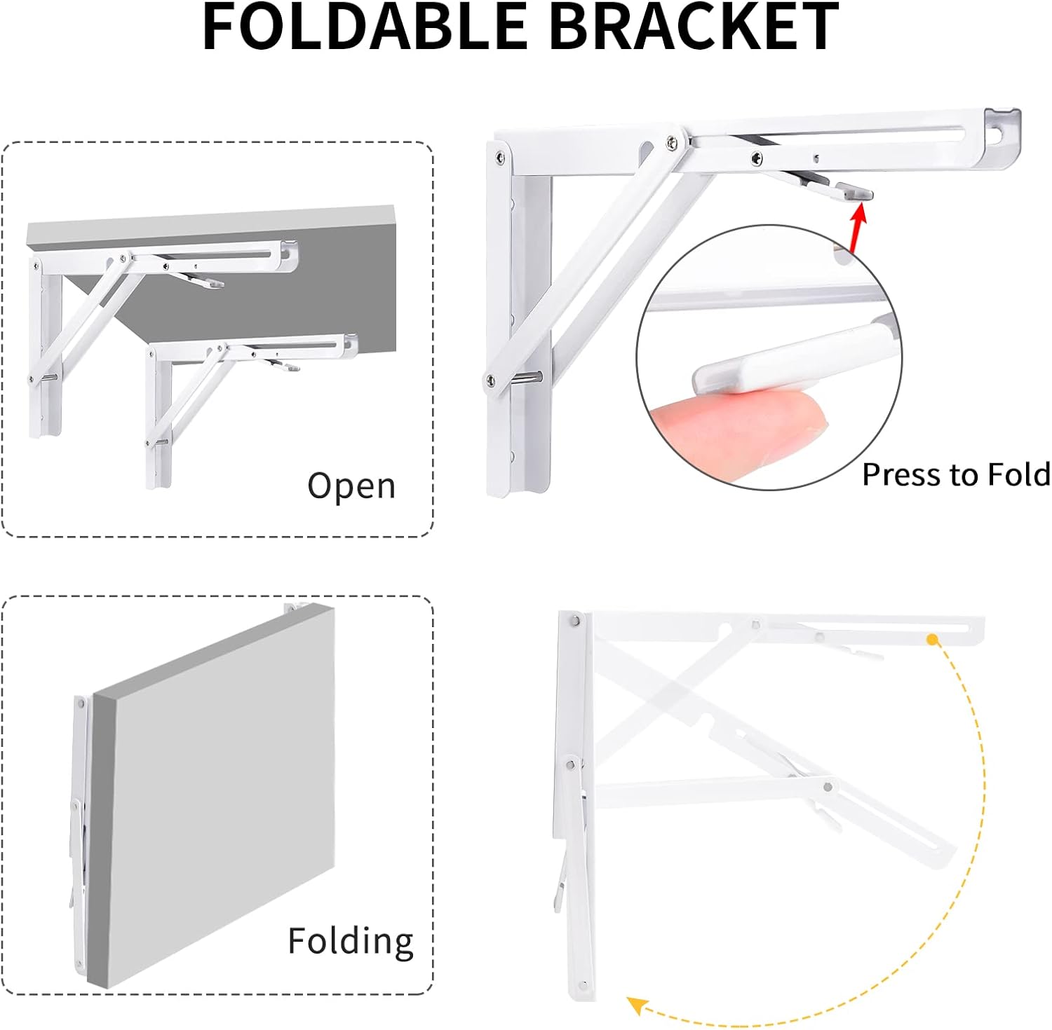 YUMORE Folding Shelf Brackets, 16 Inch Heavy Duty Collapsible Shelf Bracket, White DIY L Bracket for Workbench Folding Table Hinge, Max Load: 330lb, Pack of 2