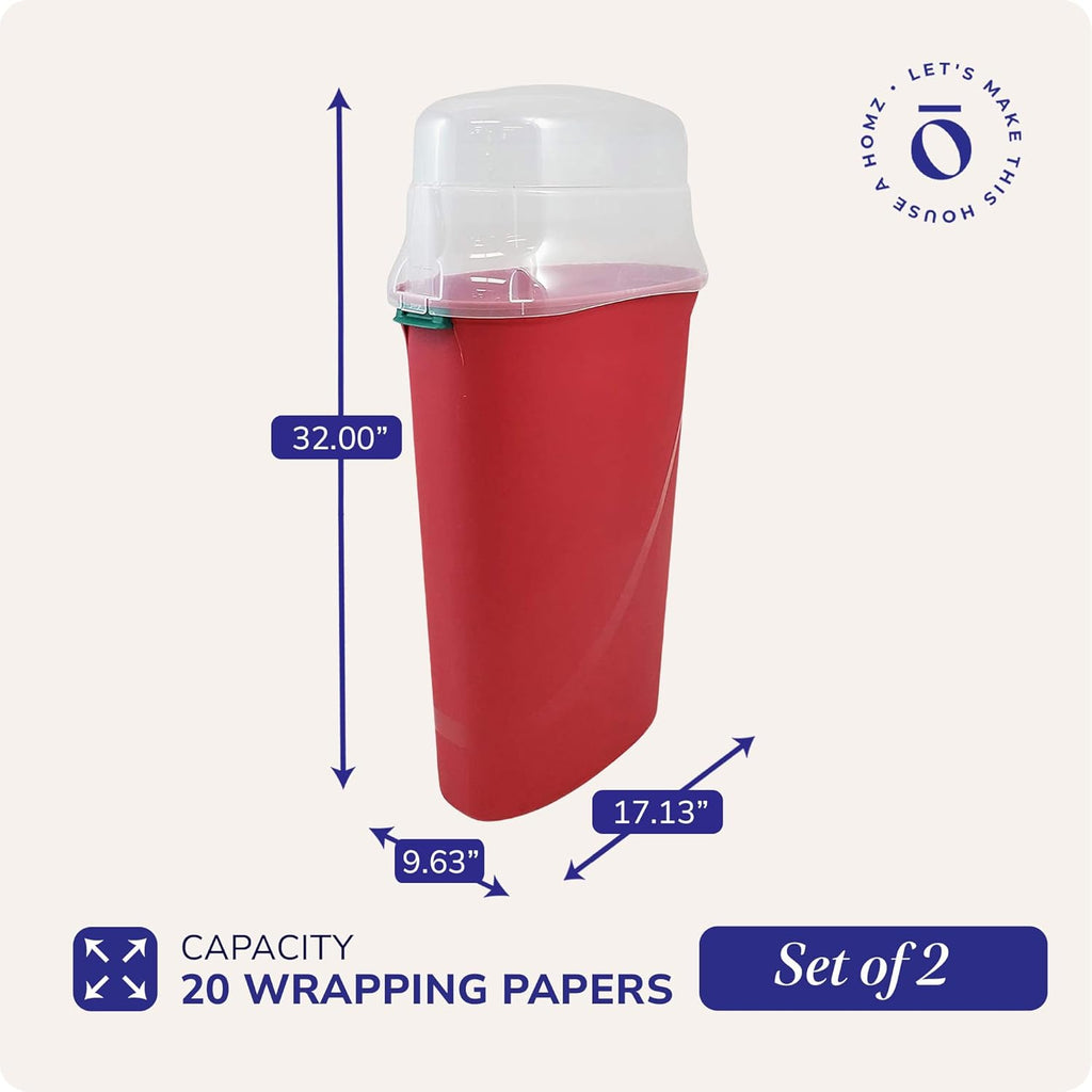 HOMZ 2-Pack Seasonal Holiday, Plastic Vertical Gift Wrap Storage Organizer, Red & Clear - Paper Wrapping Bin Containers for Christmas Gifts and Birthday Presents