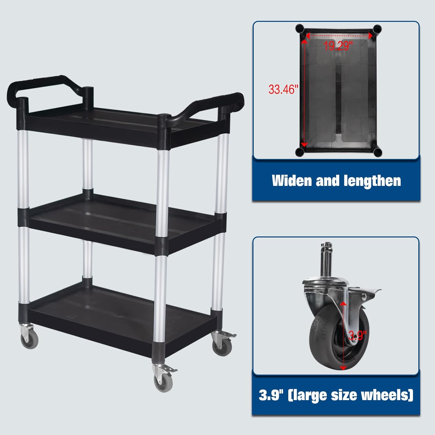Plastic Commercial Cart Large Size, Restaurant Cart with Wheels Lockable, Heavy Duty Utility Service Cart for Foodservice, Commercial,Office, Warehouse, Black, 40.15X 19.29x 38.97 inches.