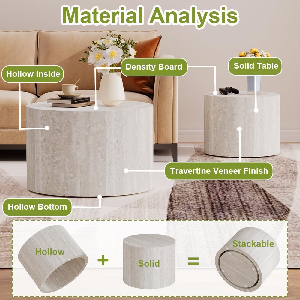 18 inch Round Travertine Nesting Coffee Table Set of 2, Terrazzo | Travertine...