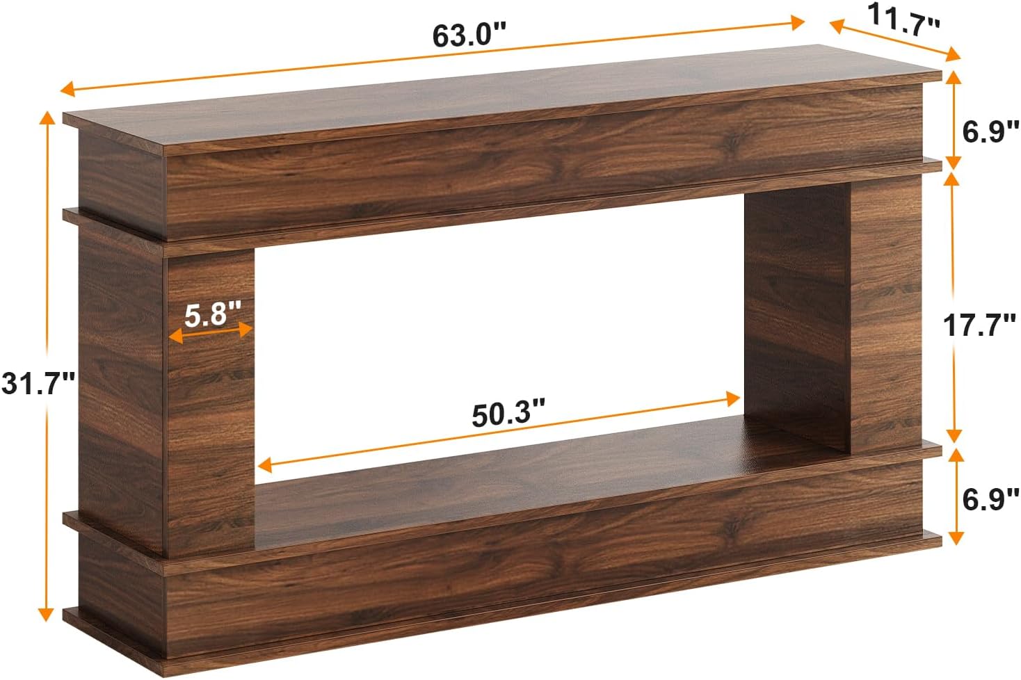 63 in Farmhouse Console Table, Long Entryway Table with Open-Back Storage, Wood Entrance Table, Narrow Couch Table Behind Sofa Modern Entry Table for Living Room, Foyer, Hallway,Walnut