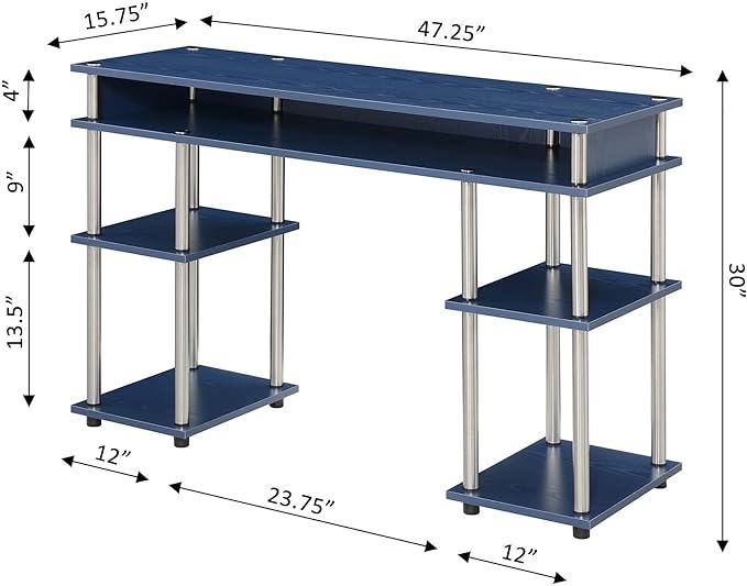 Convenience Concepts Designs2Go No Tools Desk Home Office Desk with Shelves, Corner Shelf Vanity Desk Computer Desk Nail Table for Nail Tech - 47.25" L x 15.75" W x 30" H, Cobalt Blue