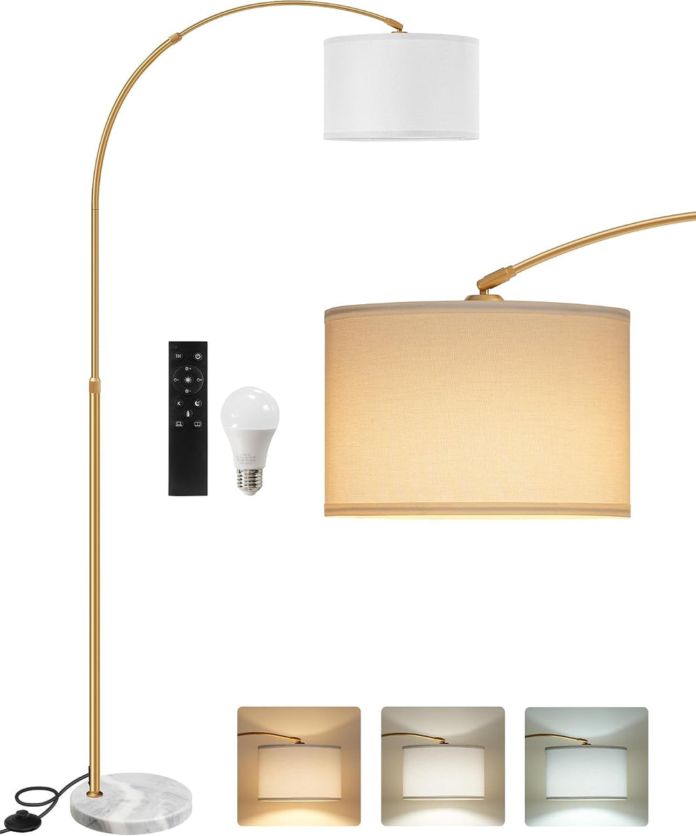 75" Dimmable Gold Arc Lamp with Marble Base, Adjustable Height, White Shade