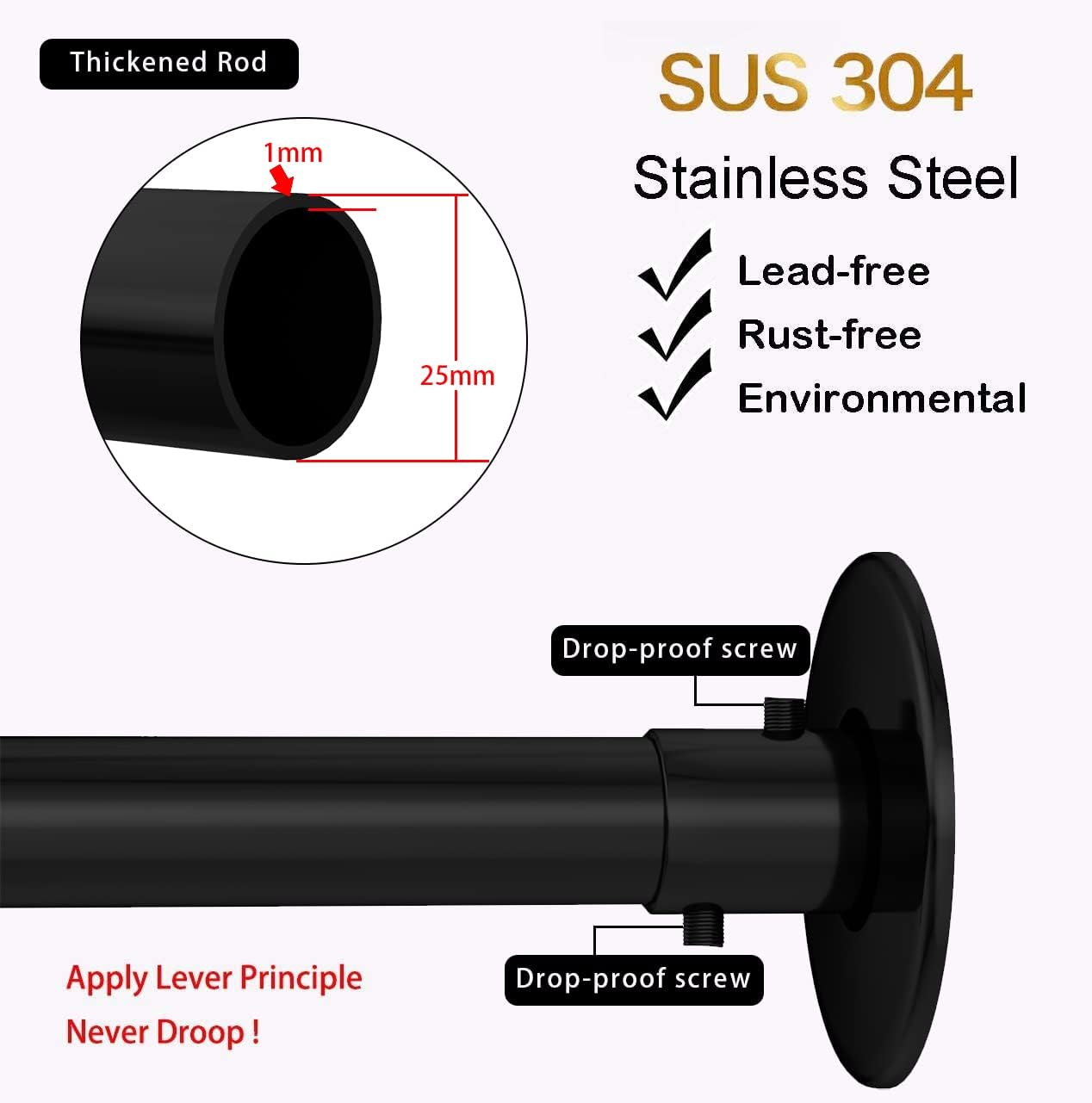 Corner Shower Curtain Rod Adjustable Stainless Steel Diamond Shaped Rack Drill Free Install for Bathroom, Bathtub, Clothing Store (Black Diamond Shaped, Both Sides: 17"-25.6",Middle:20"-26)