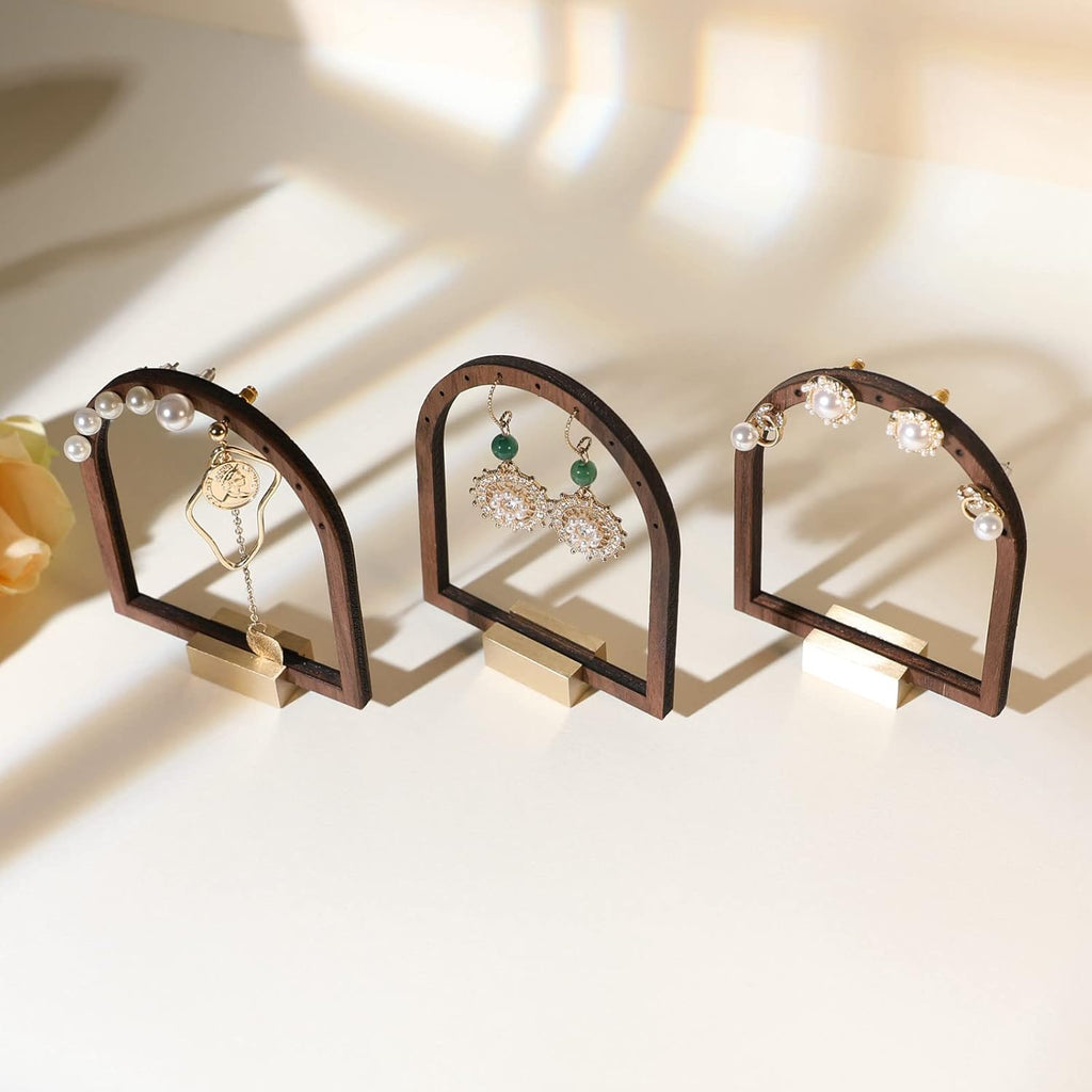 GemeShou 3pcs Wooden stud earring organizer holder, walnut earring hangers with brass base, Small Cute earring display for selling with 9 holes for each【Arch frame-3pcs】