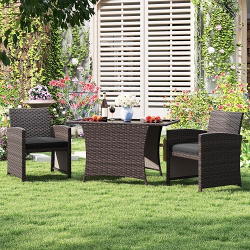 HAPPYGRILL 3 Pieces Patio Wicker Dining Set, Balcony Furniture Set w/Tempered...