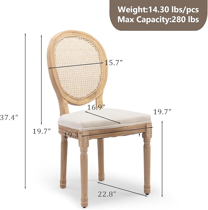 Rattan Back Upholstered Dining Chairs Set of 4 French Country Oval Kitchen Si...