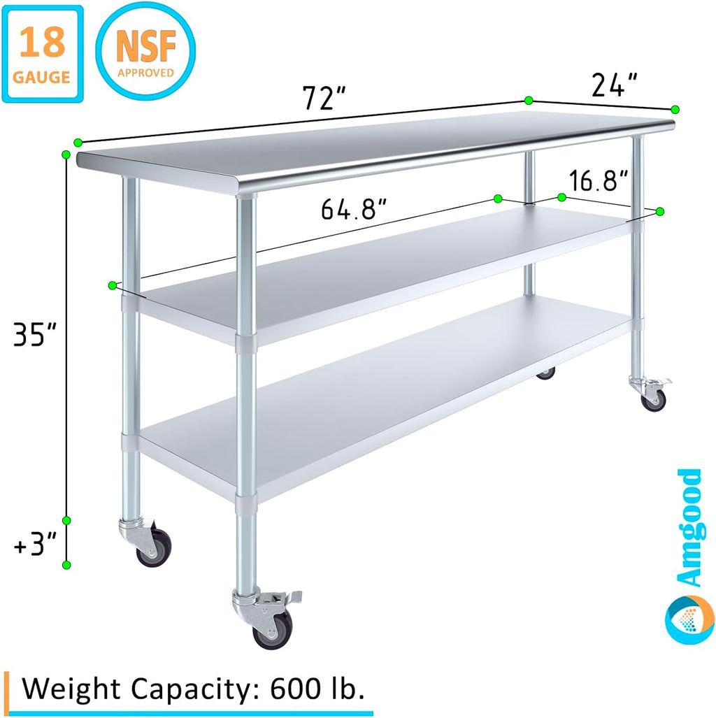 AmGood Stainless Steel Work Table with 2 Shelves and Casters | Metal Utility Table On Wheels (Stainless Steel Work Table with 2 Shelves + Casters, 72" Long x 24" Deep)