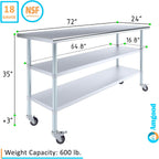 AmGood Stainless Steel Work Table with 2 Shelves and Casters | Metal Utility Table On Wheels (Stainless Steel Work Table with 2 Shelves + Casters, 72" Long x 24" Deep)