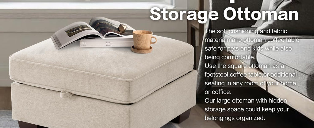 TEKAMON 27.5" Storage Ottoman, Square Footrest with Sponge Padded Seat, Chenille Fabric Step Stool for Sofa, Bedroom, Living Room, Entryway, Modern Change Shoes Stool, Wood Legs, (Beige)