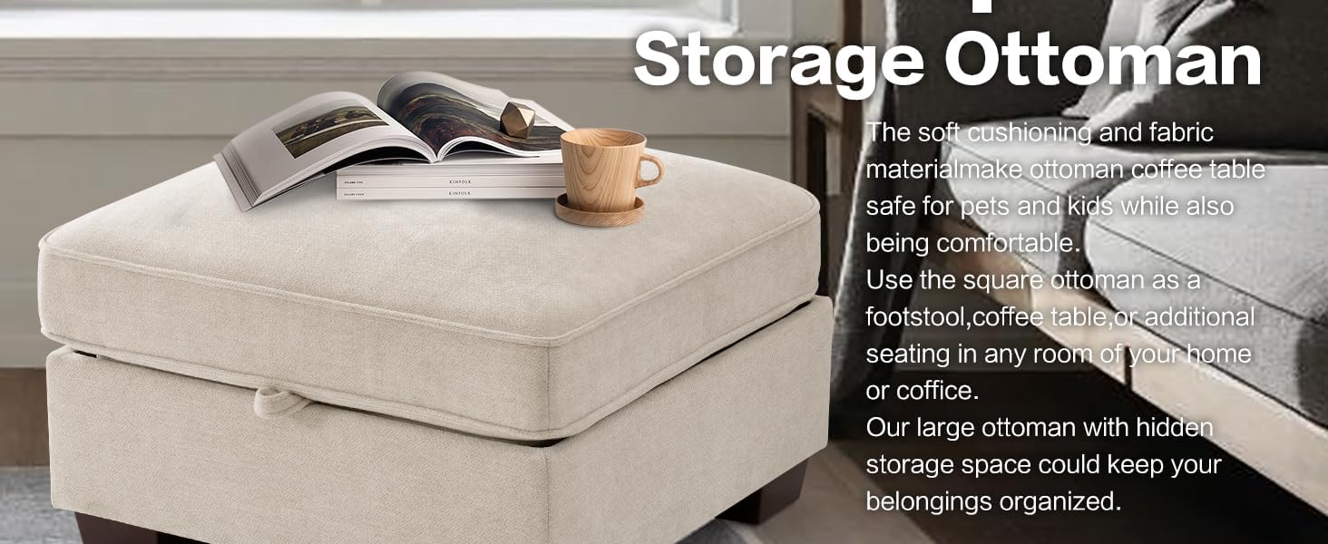 TEKAMON 27.5" Storage Ottoman, Square Footrest with Sponge Padded Seat, Chenille Fabric Step Stool for Sofa, Bedroom, Living Room, Entryway, Modern Change Shoes Stool, Wood Legs, (Beige)