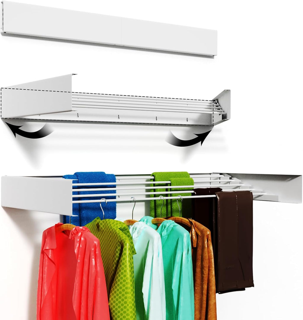 Wall Mounted Drying Rack for Laundry 40'', Folding Drying Rack Clothing Wall Mount with 5 Rods, Space Saving for Indoor Outdoor Bathroom Balcony (White, 40'')