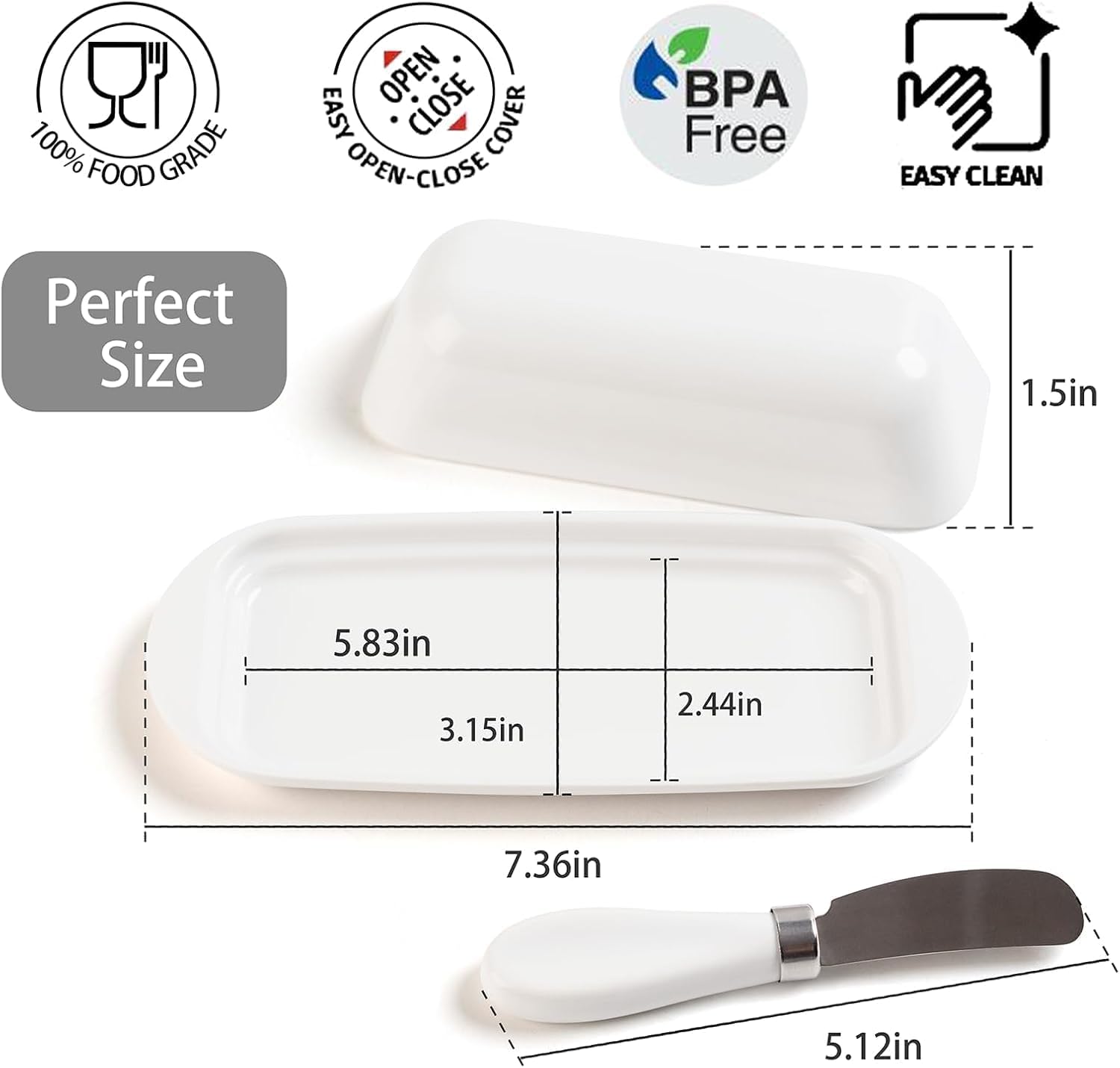 Butter Dish with Lid and Knife, Durable Countertop & Fridge Butter Keeper, BPA-Free Melamine Butter Container, Dishwasher Safe, Fits East/West Coast Butter Sticks (White)