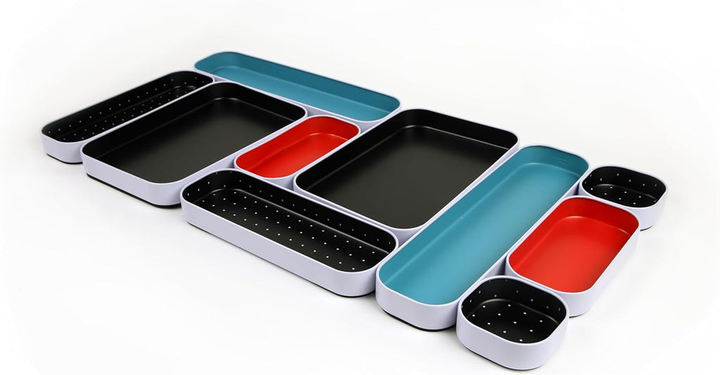 Three by Three Seattle 10 Piece Metal Organizer Tray Set for Storing Makeup, Stationery, Utensils, and More in Office Desk, Kitchen and Bathroom Drawers (1 Inch, Blue Black Red and Dots)