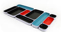 Three by Three Seattle 10 Piece Metal Organizer Tray Set for Storing Makeup, Stationery, Utensils, and More in Office Desk, Kitchen and Bathroom Drawers (1 Inch, Blue Black Red and Dots)