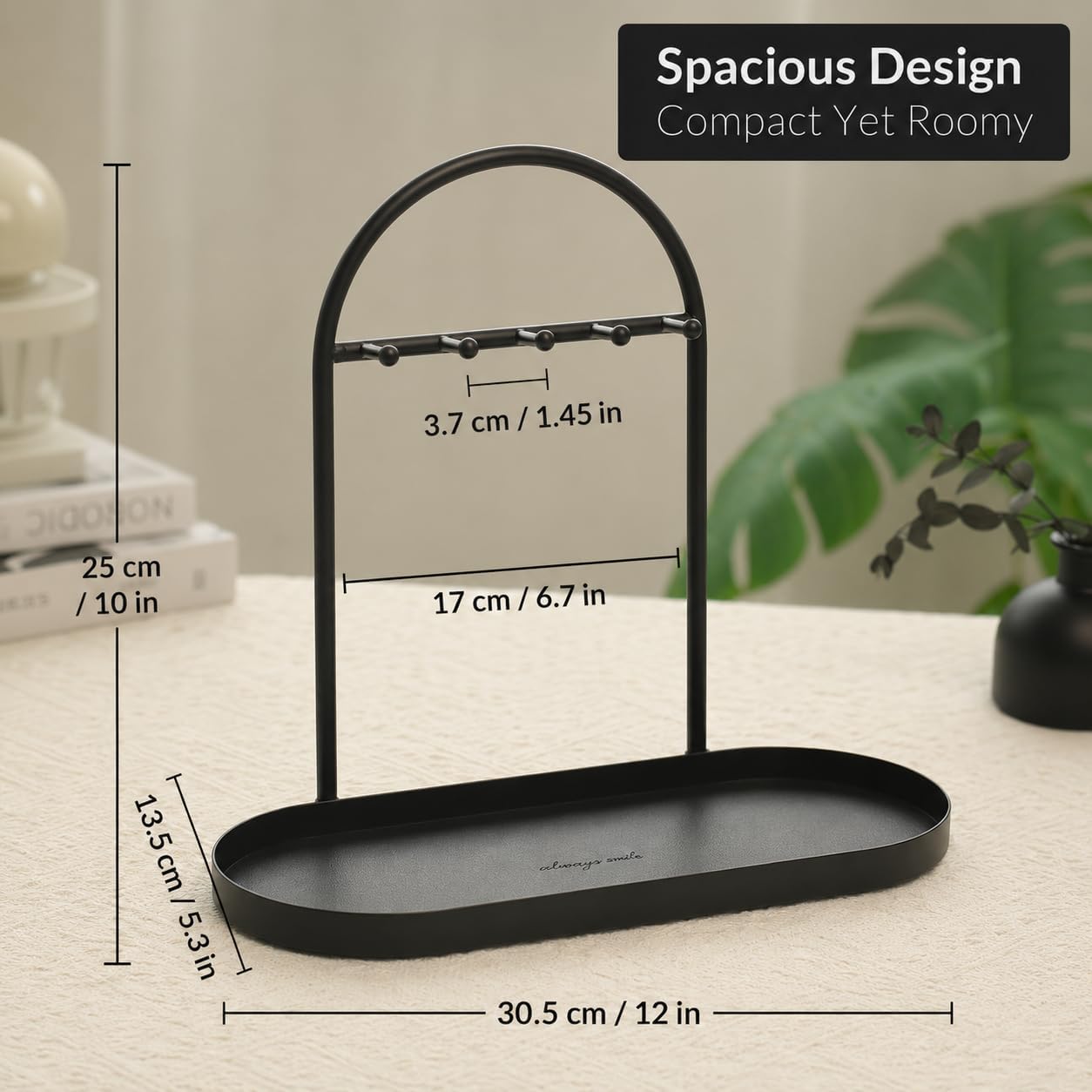 Shinpuru Key Holder Tray, Metal Stand with Leather Tray, 5 Hooks(Black) | Keys and Jewelry Organizer