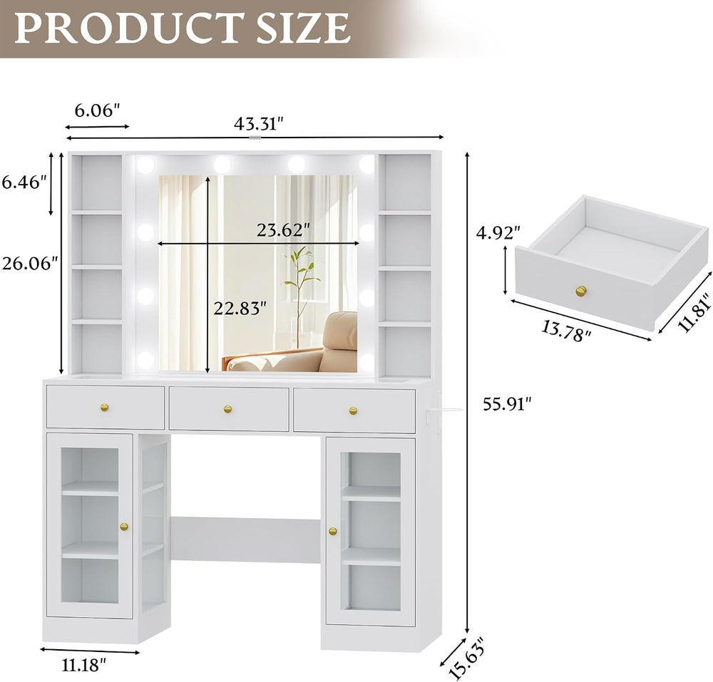Wodeer Makeup Vanity Desk with Mirror and Lights, White Vanity with Glass Top...