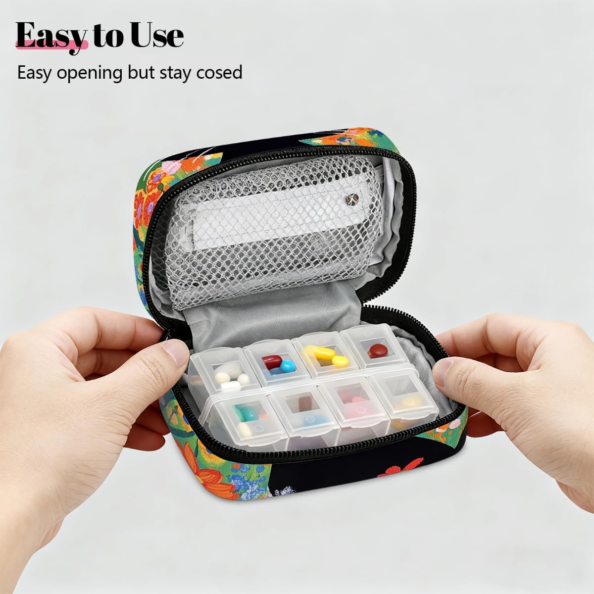 Cute Black Cat Flowers Pill Organizer Travel Medicine Case with Zipper Daily Vitamin Storage Bag Portable 8 Slot Weekly Pill Box Supplement Holder for Home Office Gym Travel